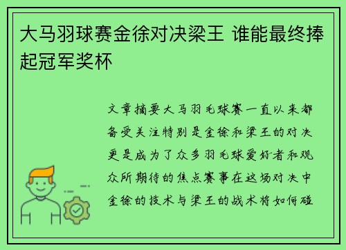 大马羽球赛金徐对决梁王 谁能最终捧起冠军奖杯