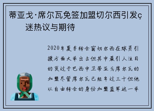蒂亚戈·席尔瓦免签加盟切尔西引发球迷热议与期待