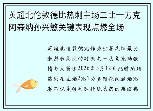 英超北伦敦德比热刺主场二比一力克阿森纳孙兴慜关键表现点燃全场